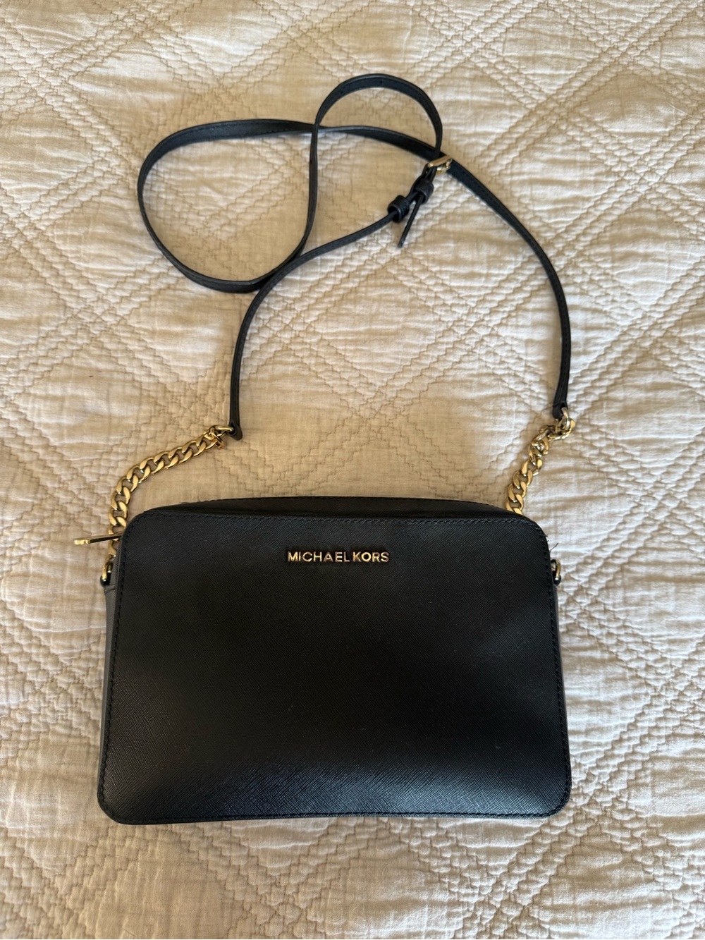 Michael Kors Black Leather Crossbody with Gold Chain
